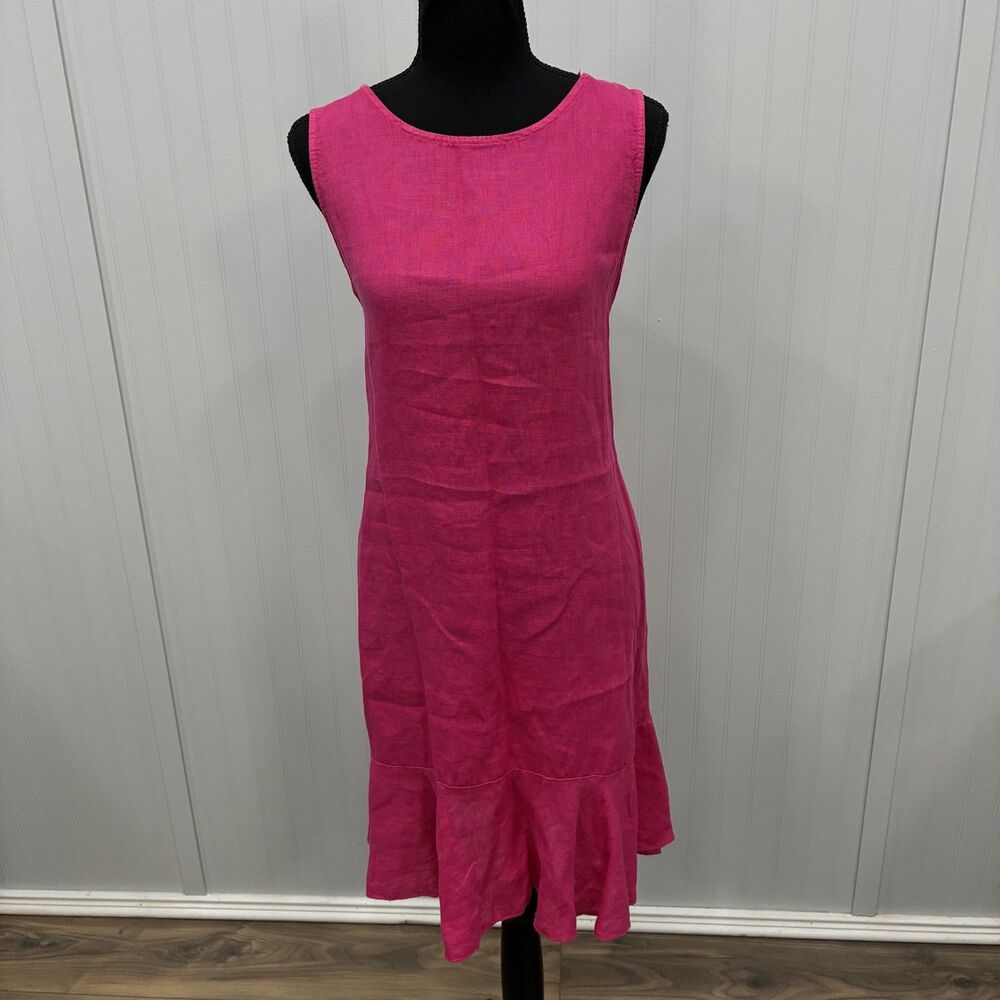 Terzo Millennio Italy 100% Linen Hot Pink Sleeveless Ruffle Hem Midi Dress Sz S